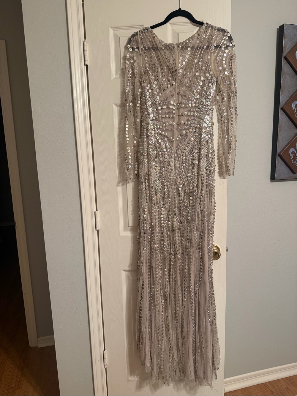 Jenny Packham Silver Sequin & Bead Long Sleeve Gown